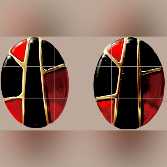 Jewelry - Retro Black and Red Geometric Stud Oval Handcrafted Earrings